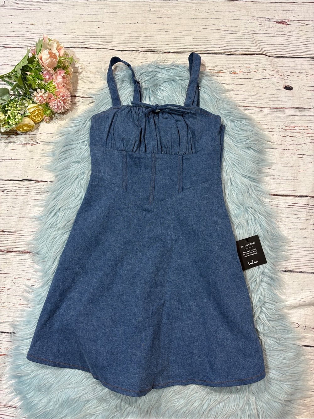 NWT Lulus Considered Charisma Blue Chambray Bustier Mini Dress - Picture 6 of 7